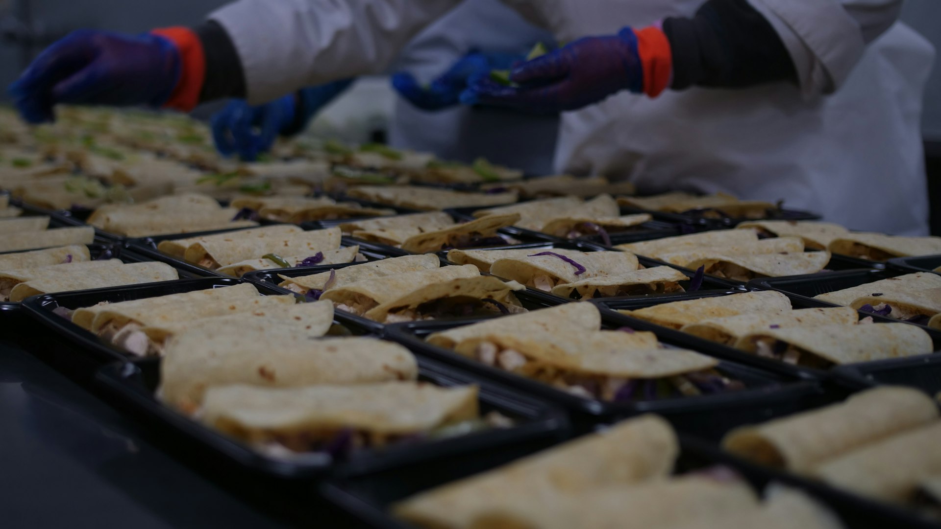 a group of people in gloves holding trays of food